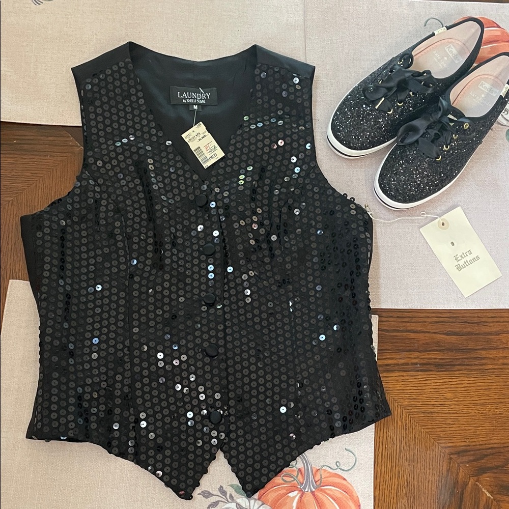 Laundry by Shelli Segal Black Sequin Vest Blouse Size Medium